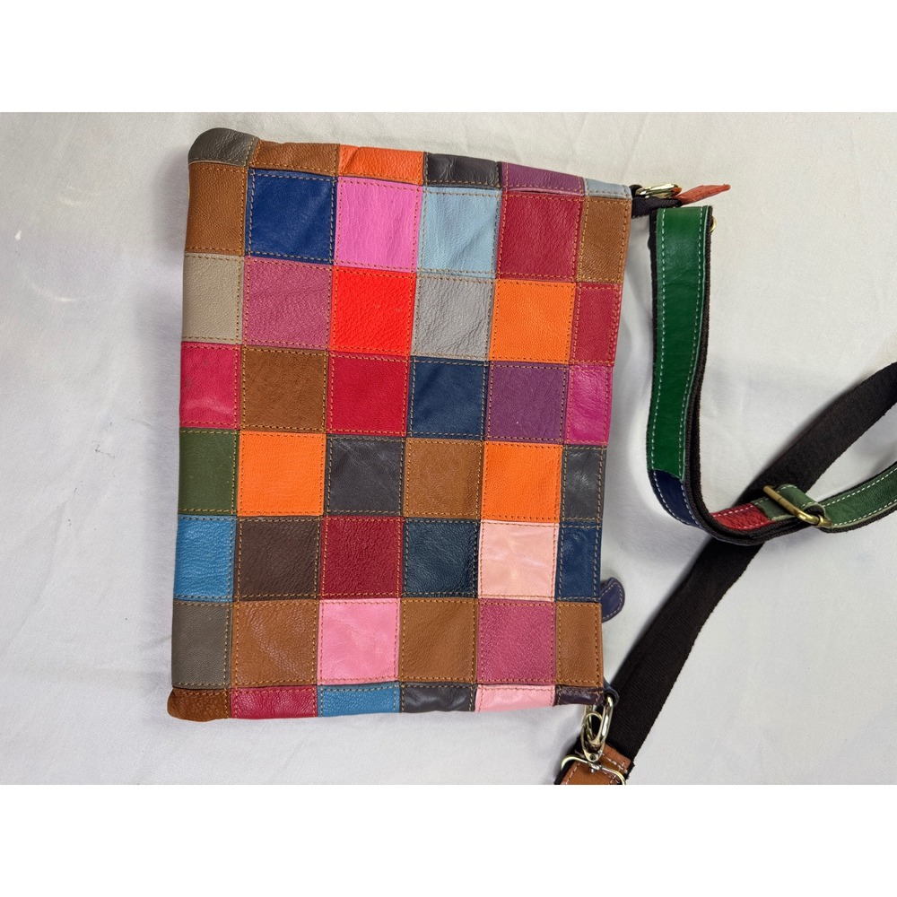 AmeriLeather Patchwork Leather Crossbody Bag Multicolor Whipstitch Hobo - Picture 10 of 16